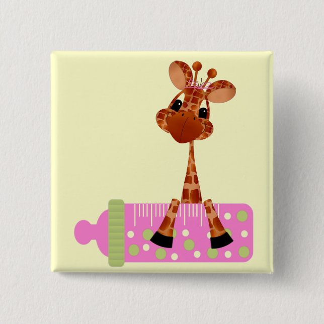 Badge Carré 5 Cm Bouton Giraffe Bébé Rose (Devant)