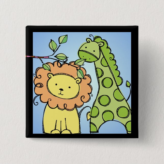 Badge Carré 5 Cm Bouton Giraffe et Lion (Devant)