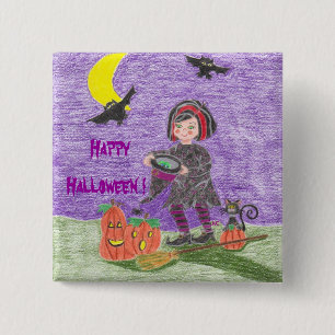 Badge Carré 5 Cm Bouton Halloween Sorcière Violet