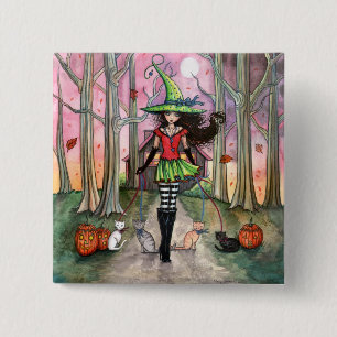 Badge Carré 5 Cm Bouton Halloween Witch and Cat Pinback