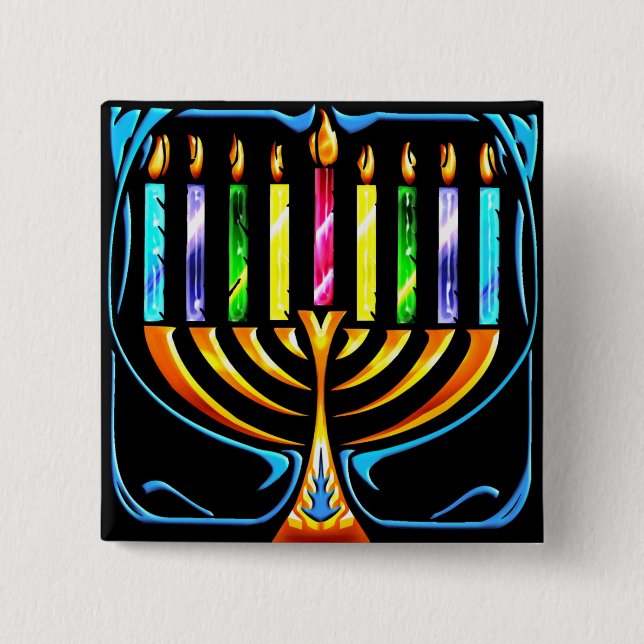 Badge Carré 5 Cm Bouton : Hanoukka Menorah - Chanukah Menorah (Devant)