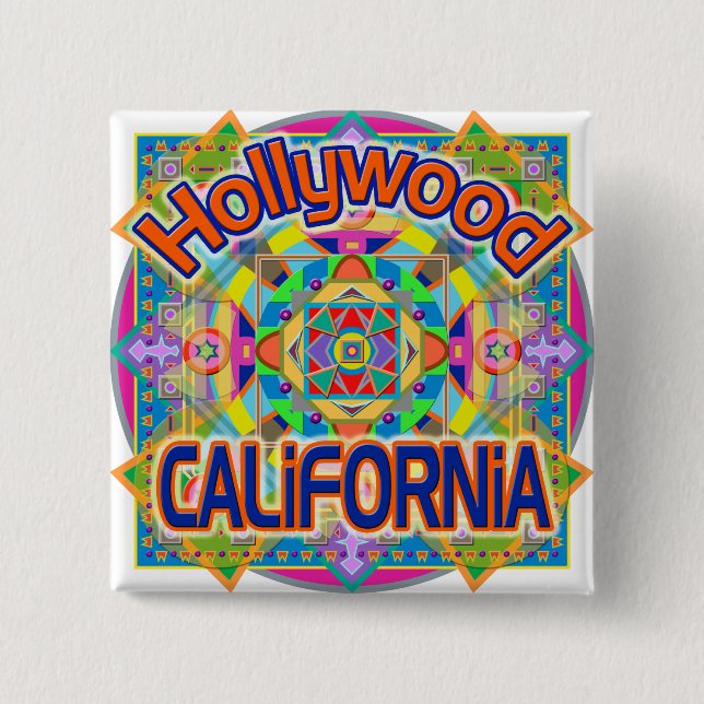 Badge Carré 5 Cm Bouton Happy de Hollywood CALIFORNIA (Devant)