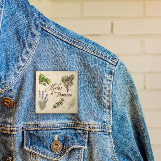 Badge Carré 5 Cm Bouton Herbes de Provence (Herbes de Provence Button with rosemary, sweet lavender, fennel, oregano and thyme. )