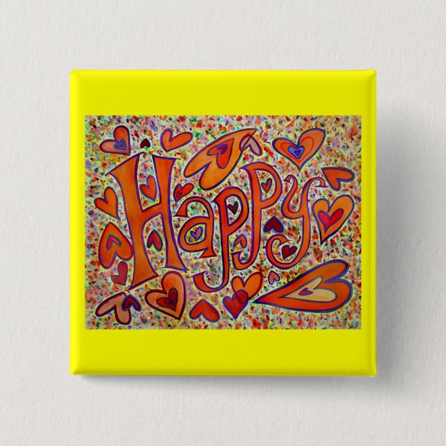 Badge Carré 5 Cm Bouton Heureux (Devant)