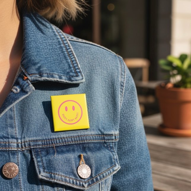 Badge Carré 5 Cm Bouton Heureux (Créateur téléchargé)