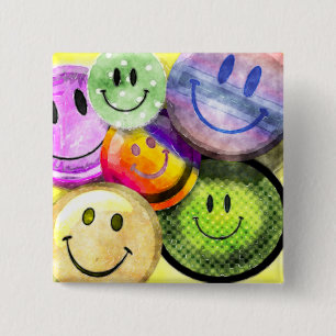 Badge Carré 5 Cm Bouton HEUREUX de VISAGES