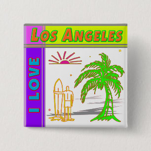 Badge Carré 5 Cm Bouton "I LOVE Los Angeles" Sun Palm Tree&Surfer#2