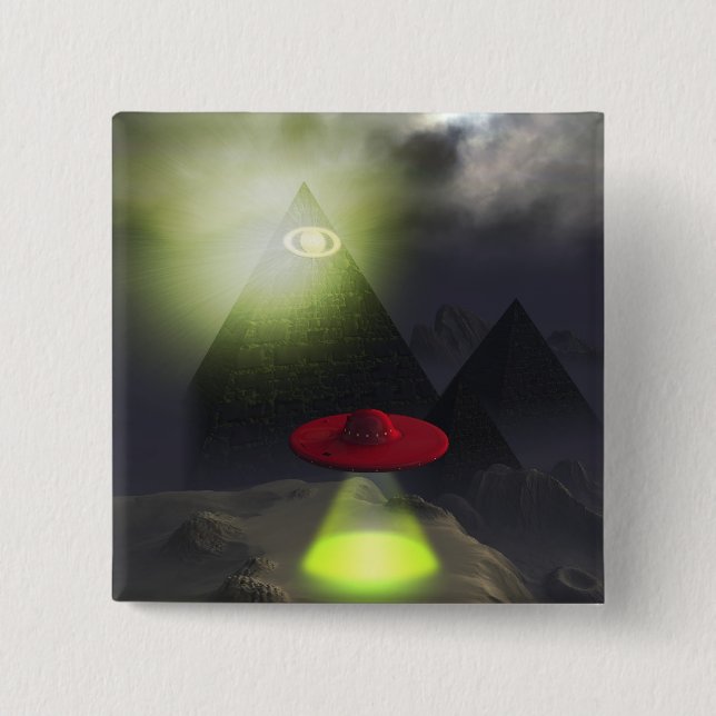 Badge Carré 5 Cm Bouton Illuminati Pyramide et UFO (Devant)
