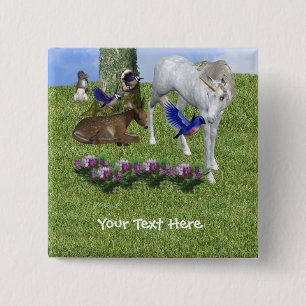 Badge Carré 5 Cm Bouton Imaginaire Unicorne Blanche Et Amis De Forê