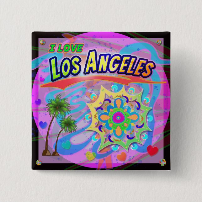Badge Carré 5 Cm Bouton J'AIME Los Angeles True Progress (Devant)