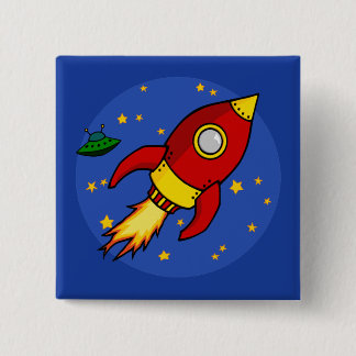 Badge Carré 5 Cm Bouton jaune rouge fusée