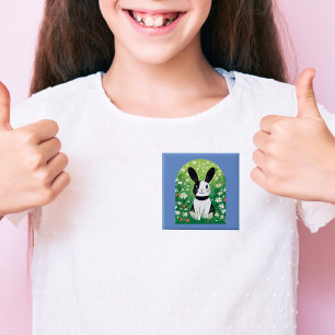 Badge Carré 5 Cm Bouton Lapin Noir Et Blanc