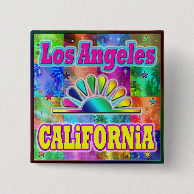 Badge Carré 5 Cm Bouton Los Angeles CA Sun & Palms (Devant)