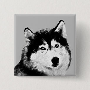 Badge Carré 5 Cm Bouton magnifique noir/blanc Husky Pin