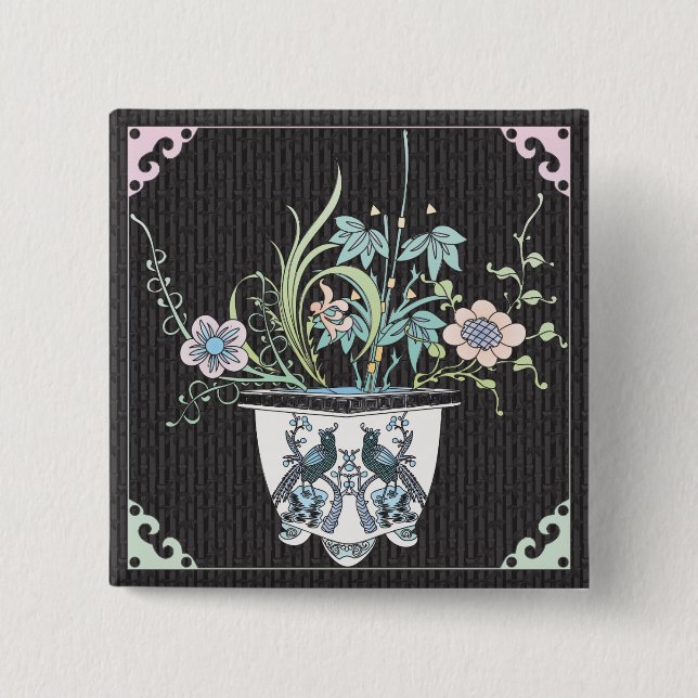 Badge Carré 5 Cm Bouton Mah Jongg Fleurs/Oiseaux (Devant)