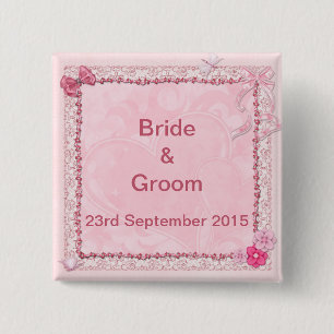 Badge Carré 5 Cm Bouton mariage avec le coeur et les papillons