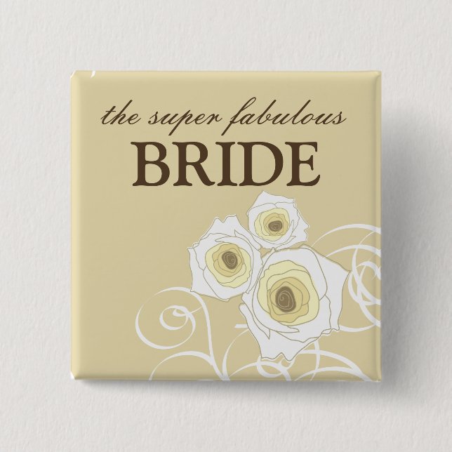 Badge Carré 5 Cm Bouton Mariage de la mariée de Roses de crèmes et  (Devant)