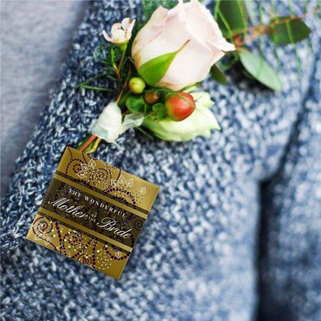 Badge Carré 5 Cm Bouton Mariage de la mère de la mariée Boho Spiral (MOTHER OF THE BRIDE Purple Boho Dots Spirals Stylish Gold Wedding Pinback Button @ fat_fa_tin)