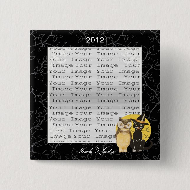 Badge Carré 5 Cm Bouton Mariage d'Halloween Chat & Owl (Devant)