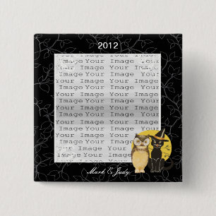 Badge Carré 5 Cm Bouton Mariage d'Halloween Chat & Owl