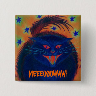 Badge Carré 5 Cm Bouton "MEEEOOOWWW" en bleu chat effrayant