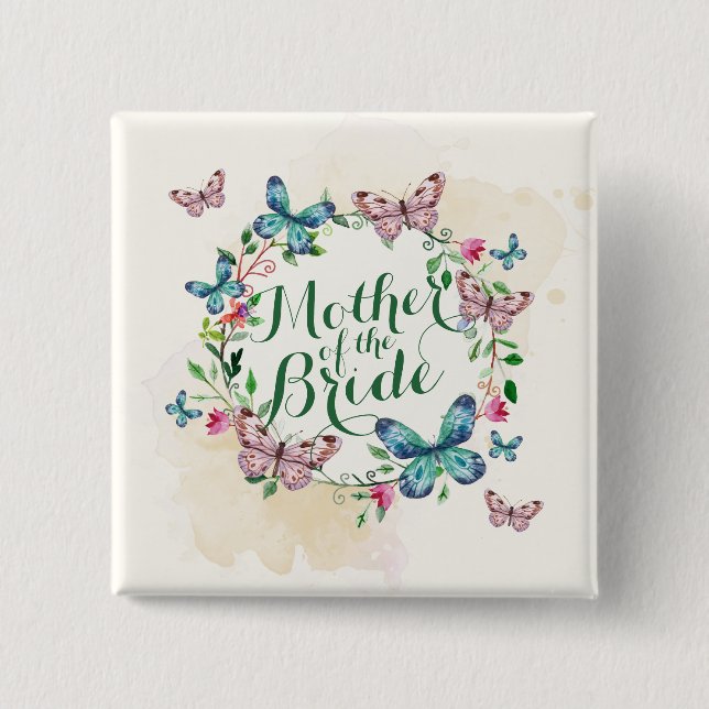 Badge Carré 5 Cm Bouton Mère du papillon de mariée (Devant)