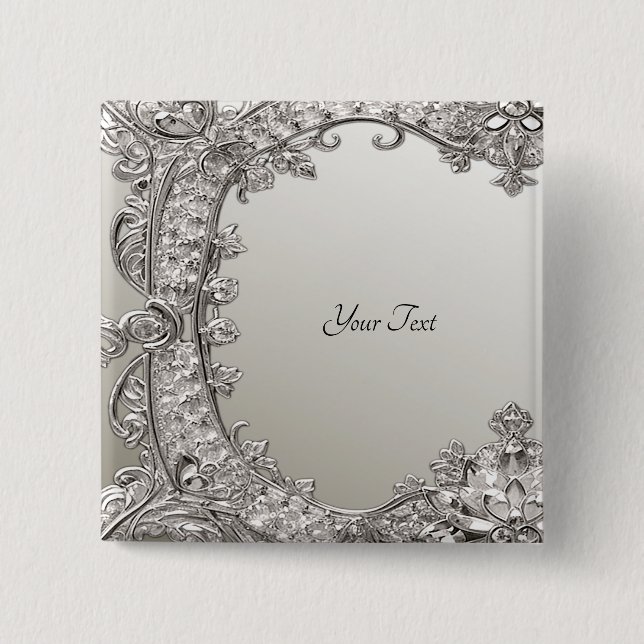 Badge Carré 5 Cm Bouton Moderne Orné Argenté (Devant)