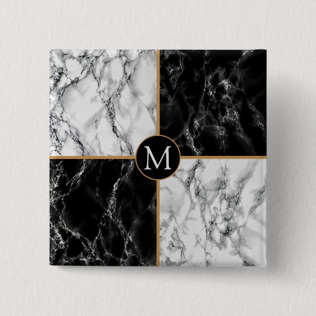 Badge Carré 5 Cm Bouton Monogramme noir blanc marbre (Devant)