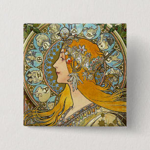 Badge Carré 5 Cm Bouton Mucha Art Nouveau - Zodiac - La Plume