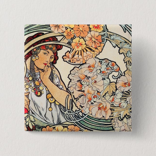 Badge Carré 5 Cm Bouton : Mucha - Langue des Fleurs (Devant)