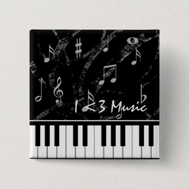 Badge Carré 5 Cm Bouton Musique piano noir et blanc (Devant)