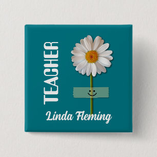 Badge Carré 5 Cm Bouton Nom personnalisé de la marguerite souriante