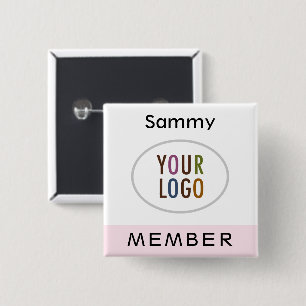 Badge Carré 5 Cm Bouton nominatif rose avec logo et fermoir à broch