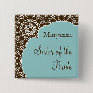 Badge Carré 5 Cm Bouton nuptiale bleu de partie de damassé
