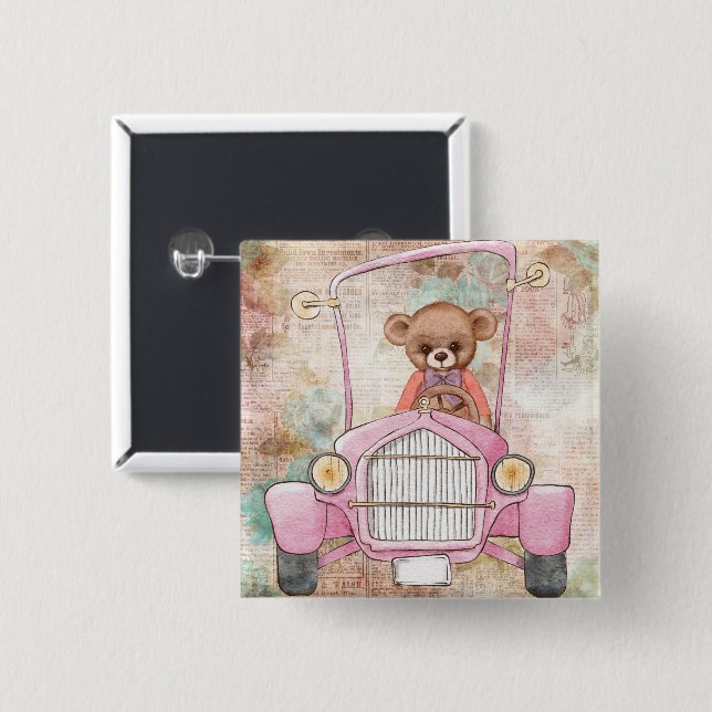 Badge Carré 5 Cm Bouton Ours Teddy (Devant & derrière)