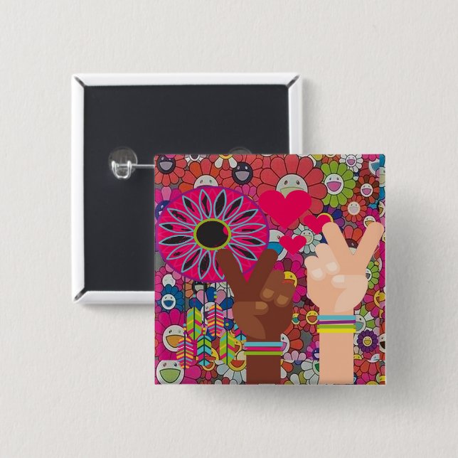Badge Carré 5 Cm Bouton Paix (Devant & derrière)