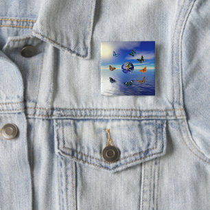 Badge Carré 5 Cm Bouton Papillons bleus