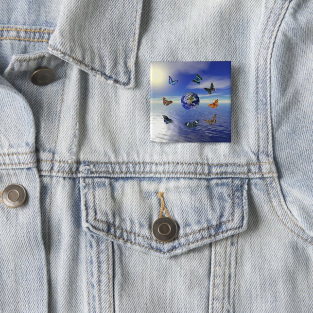 Badge Carré 5 Cm Bouton Papillons bleus (En situation)