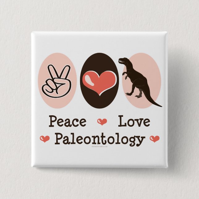 Badge Carré 5 Cm Bouton Peace Love Paléontologie Dinosaur (Devant)