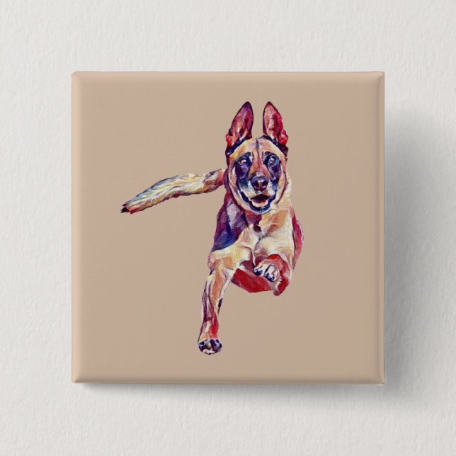 Badge Carré 5 Cm Bouton Peint Chien Malinois Belge (Devant)