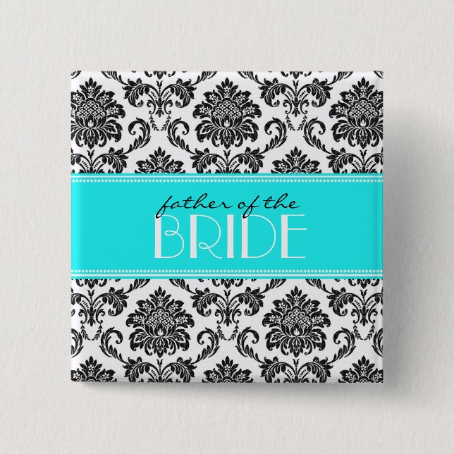 Badge Carré 5 Cm Bouton Père de la mariée Damask en bleu (Devant)
