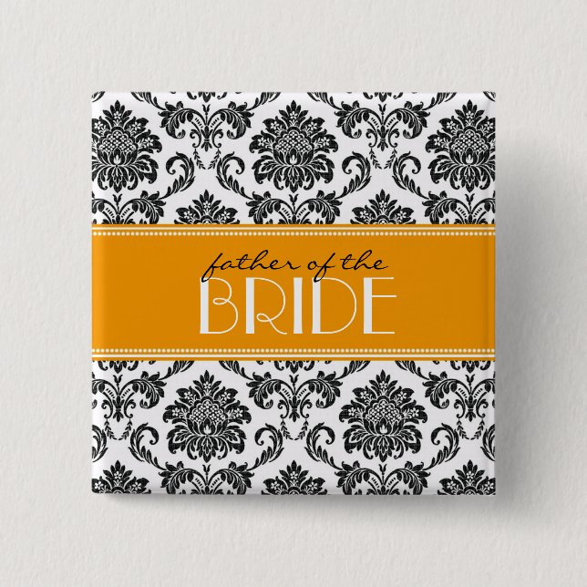 Badge Carré 5 Cm Bouton Père de la mariée Damask en orange (Devant)