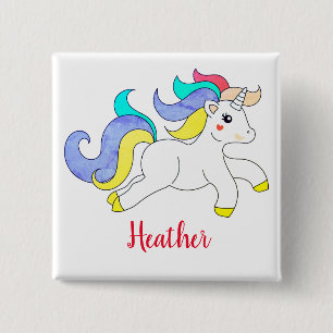 Badge Carré 5 Cm Bouton personnalisé Cute Unicorn Nom personnalisé