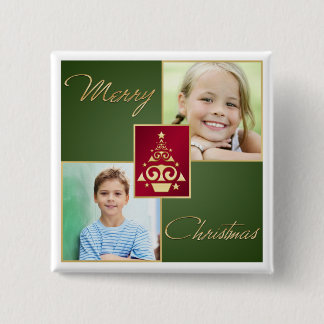 Badge Carré 5 Cm Bouton photo Arbre de Noël vert, rouge, or