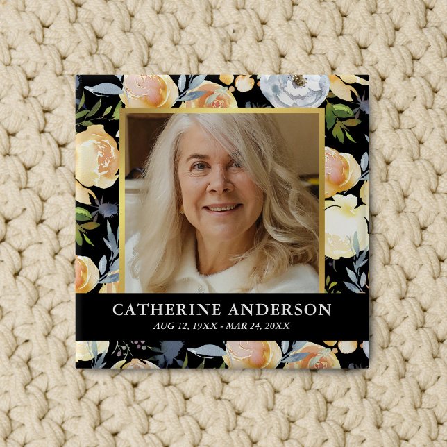 Badge Carré 5 Cm Bouton photo Peach Floral Funeral Memorial (Créateur téléchargé)