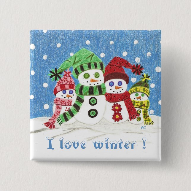 Badge Carré 5 Cm Bouton portrait famille Snowmen (Devant)