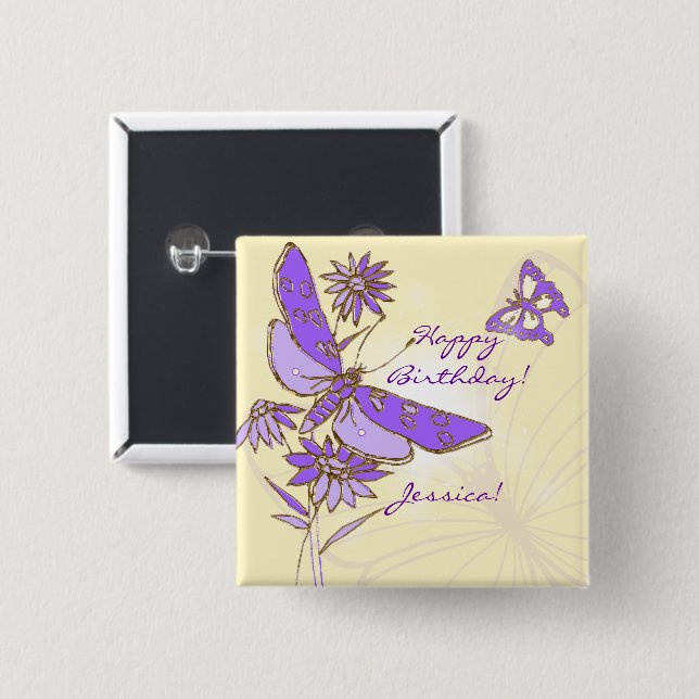 Badge Carré 5 Cm Bouton pourpre de papillon de pêche (Devant & derrière)