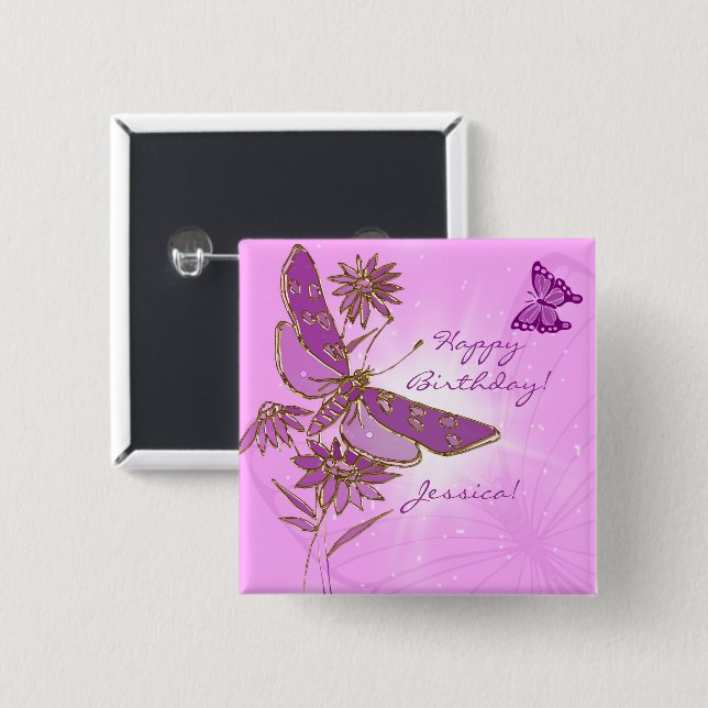 Badge Carré 5 Cm Bouton pourpre rose de papillon (Devant & derrière)