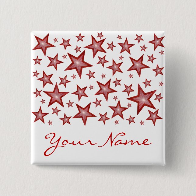 Badge Carré 5 Cm Bouton Red Stars 'Your Name' blanc (Devant)