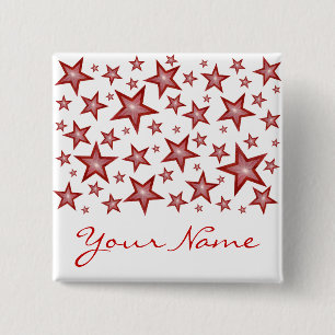 Badge Carré 5 Cm Bouton Red Stars 'Your Name' blanc